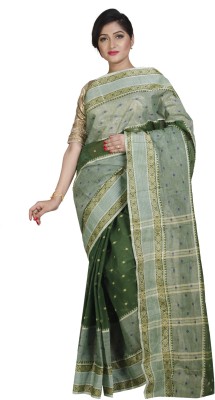 Upama Fabric Self Design Tant Handloom Pure Cotton Saree(Dark Green)