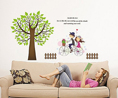 Asmi Collections 120 cm Loving Girl and Boy on a Cycle near A Tree Removable Sticker(Pack of 1)