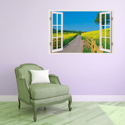 Asmi Collections 90 cm Beautiful Way to Mustard Farm Window Illusion Removable Sticker(Pack of 1)