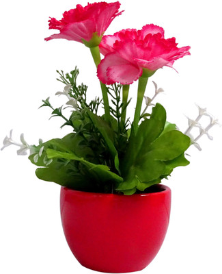 

HOB Pink, Green, Red Carnations Artificial Flower with Pot(3.2 inch, Pack of 01)