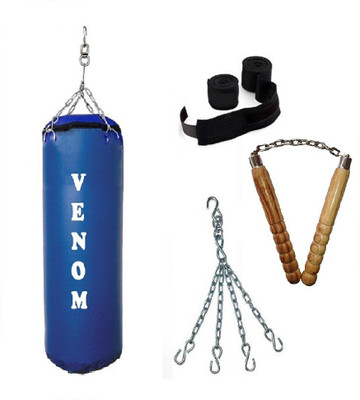 

Venom 1.5 Feet Long, SRF - STANDARD Material, Blue Color, Unfilled with Hanging Chain with 9 Feet Long Black Color Hand Wraps Pair & Wooden Handle Non Chaku Boxing Kit