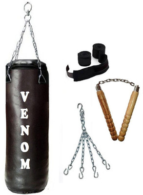 

Venom 8.0 Feet Long, SRF - ECONOMIC Material, Black Color, Unfilled with Hanging Chain with 9 Feet Long Black Color Hand Wraps Pair & Wooden Handle Non Chaku Boxing Kit