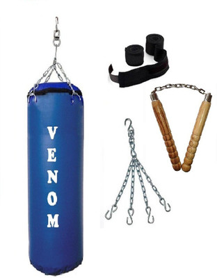 

Venom 7.5 Feet Long, SRF - STANDARD Material, Blue Color, Unfilled with Hanging Chain with 9 Feet Long Black Color Hand Wraps Pair & Wooden Handle Non Chaku Boxing Kit