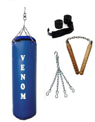 

Venom 5.5 Feet Long, SRF - STANDARD Material, Blue Color, Unfilled with Hanging Chain with 9 Feet Long Black Color Hand Wraps Pair & Wooden Handle Non Chaku Boxing Kit