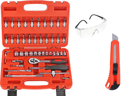 

Indo Heavy Duty High Quality 46 Pcs Socket Set + Paper Knife Cutter + Eye Safety Goggle Hand Tool Kit(46 Tools), Red