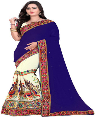 Arriva Fab Self Design, Embroidered Fashion Poly Georgette Saree(Blue, Beige) Arriva Fab Self Design, Embroidered Fashion Poly Georgette Saree(Blue, Beige)