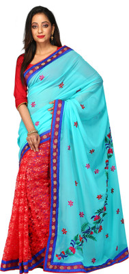 Kimatra trendy fashion mantra Embroidered Fashion Georgette, Lace Saree(Blue, Red) Flipkart