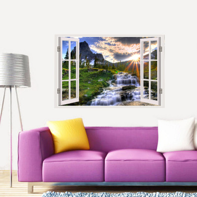 Asmi Collections 90 cm Beautiful Mountains and Waterfall Window Illusion Removable Sticker(Pack of 1)