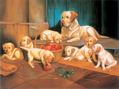

DIGITAL PAINTING WALL HD WALLPAPER ART PAPER DOG PUPPIES FAMILY Fine Art Print(12 inch X 18 inch, ROLLED)