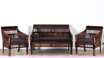 Vintej Home Fabric 2 + 1 + 1 Walnut Sofa Set