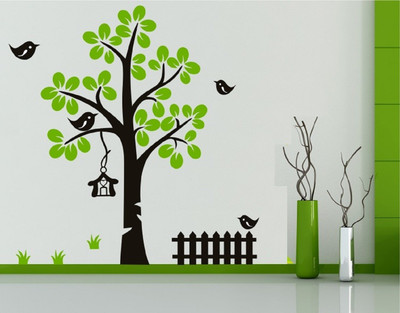 Asmi Collections 130 cm Beautiful Green Tree and Black Birds Cage Removable Sticker(Pack of 1)
