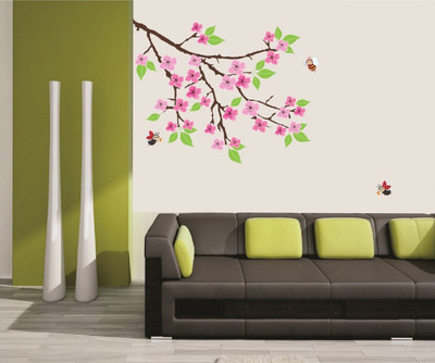 Asmi Collections 100 cm Beautiful Pink Flowers and Bees Removable Sticker(Pack of 1)