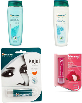 Himalaya Refreshing Cleansing Milk, Refreshing & Clarifying Toner, Kajal Eye Definer, Litchi Shine Lip Care(Set of 4)