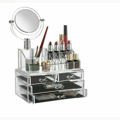 

NK-STORE Double Layer Beauty Vanity Jewellery Clear Acrylic Make Up Cosmetic Display Stand And Organizer Rack With Mirror Plastic Wall Shelf(Number of Shelves - 4, Clear)