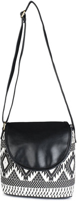 

Perido Girls Casual White, Black Canvas, PU Sling Bag, Black;white