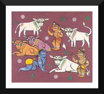 

Indian Painting - Jamini Roy - Deities And Cows - Framed Poster Paper Print(12 inch X 17 inch)