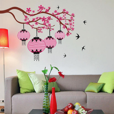 Asmi Collections 140 cm Beautiful Branch Pink Flowers Kandeel and Birds Removable Sticker(Pack of 1)