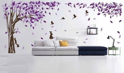 Asmi Collections 360 cm Beautiful Large Purple Tree Birds Squirrel Rabbit Removable Sticker(Pack of 1)