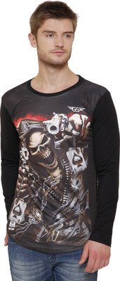 GRAND STITCH Printed Men Round Neck Black T-Shirt