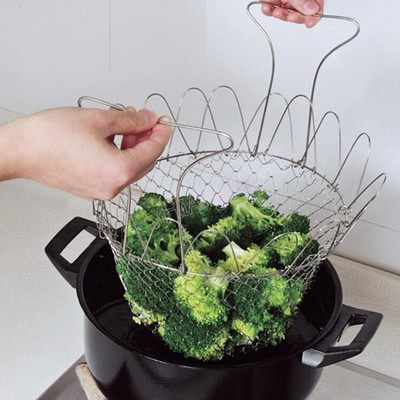 

Wonder World ® Foldable Steam Rinse Strain Stainless Steel Deep-Fry Net Basket Collapsible Strainer(Steel Pack of 1)