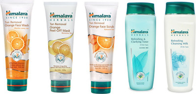 

Himalaya Tan Removal Orange Face Wash, Tan Removal Orange Peel Off Mask, Tan Removal Orange Face Scrub, Refreshing & Clarifying Toner, Refreshing Cleansing Milk(Set of)