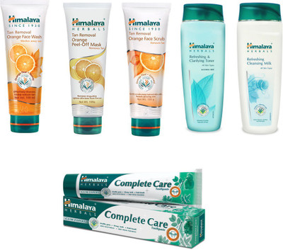

Himalaya Tan Removal Orange Face Wash, Tan Removal Orange Peel Off Mask, Tan Removal Orange Face Scrub, Refreshing & Clarifying Toner, Refreshing Cleansing Milk, Toothpaste(Set of)
