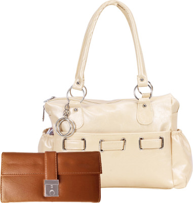 

Lady bar Shoulder Bag(White, Tan), Tan;white