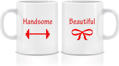 

Everyday Desire Couple collection Beautiful Handsome Printed ED059 - Pack of 2 Ceramic Mug(300 ml, Pack of 2), Multicolor
