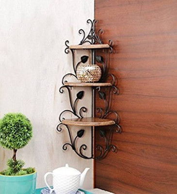 Decorasia Wooden & Wrought Iron Corner Rack Wooden, Iron Wall Shelf(Number of Shelves - 3, Brown)
