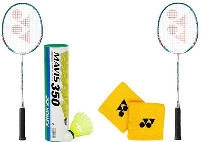 

Yonex Combo Of Five - 'Muscle Power 2' Badminton racket, 'Mavis 350' shuttle Cock,(1/2 dozen) and one pair of Wrist Bands Multicolor Strung Badminton Racquet(G4 - 3.25 Inches, 95 g)