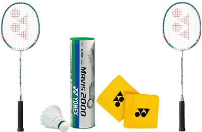

Yonex Combo Of Five - 'Muscle Power 2' Badminton racket, 'Mavis 2000 ' shuttle Cock,(1/2 dozen) and one pair of Wrist Bands Multicolor Strung Badminton Racquet(G4 - 3.25 Inches, 95 g)