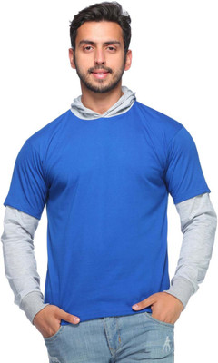 Demokrazy Solid Men Hooded Blue, Grey T-Shirt Demokrazy Solid Men Hooded Blue, Grey T-Shirt
