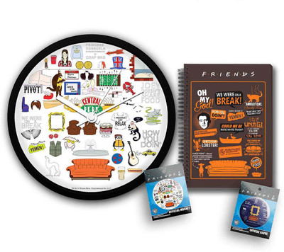 

Mc Sid Razz Official "Friends - Tv Series" Gift Set - Combo Pack Of 4,Doodle Wall clock + Sofa Badge +Doodle Fridge Magnet + Orange Notebook , Licensed By Warner Bros, USA(Set of 4)