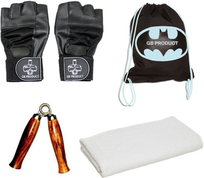 

GB 2 Pc Gloves , 1 PC Wooden Hand Gripper , Gym Backpacks & Gym Towel Gym & Fitness Kit