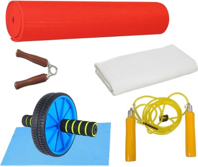 

GB Pack Of 4 MM Yoga Mat , AB - Wheel , Wooden Skipping Rope , 1 PC Wooden Hand Gripper Gym & Fitness Kit