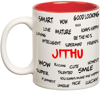 

Huppme Good Personality Jithu Inner Red Ceramic Mug(350 ml), Red;white