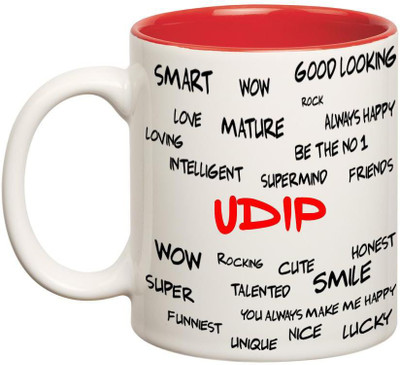 

Huppme Good Personality Udip Inner Red Ceramic Mug(350 ml), Red;white