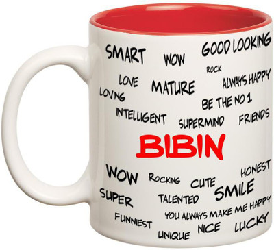 

Huppme Good Personality Bibin Inner Red Ceramic Mug(350 ml), Red;white