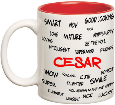 Huppme Good Personality Cesar Inner Red Ceramic Mug(350 ml), Red;white