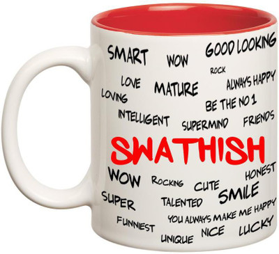 

Chanakya Good Personality Swathish Inner Red Cofffee Name Ceramic Mug(350 ml), Red;white