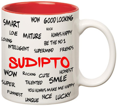 

Huppme Good Personality Sudipto Inner Red Ceramic Mug(350 ml), Red;white