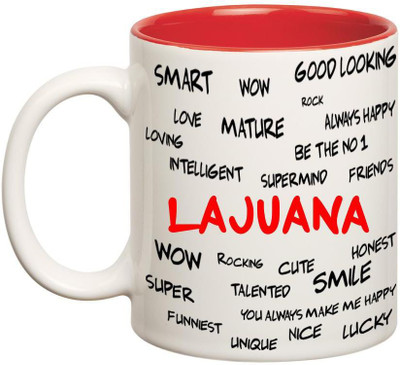 

Chanakya Good Personality Lajuana Inner Red Cofffee Name Ceramic Mug(350 ml), Red;white