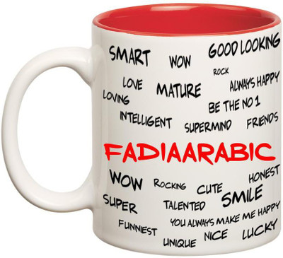 

Chanakya Good Personality Fadiaarabic Inner Red Cofffee Name Ceramic Mug(350 ml), Red;white