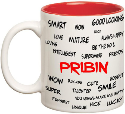 

Huppme Good Personality Pribin Inner Red Ceramic Mug(350 ml), Red;white