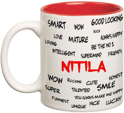 

Chanakya Good Personality Nitila Inner Red Cofffee Name Ceramic Mug(350 ml), Red;white