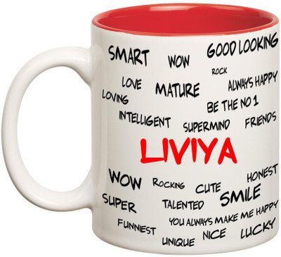 

Chanakya Good Personality Liviya Inner Red Cofffee Name Ceramic Mug(350 ml), Red;white