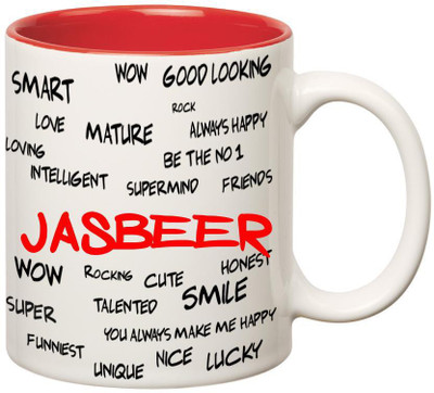 

Huppme Good Personality Jasbeer Inner Red Ceramic Mug(350 ml), Red;white