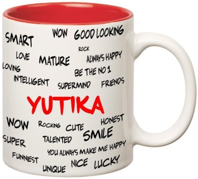 

Huppme Good Personality Yutika Inner Red Ceramic Mug(350 ml), Red;white