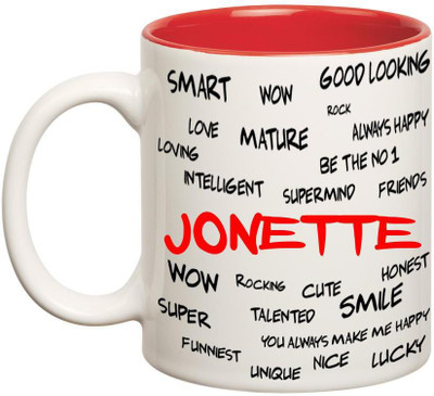 

Chanakya Good Personality Jonette Inner Red Cofffee Name Ceramic Mug(350 ml), Red;white