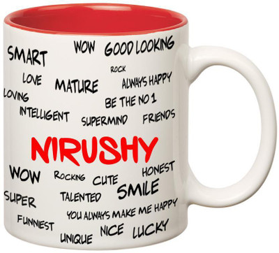 

Huppme Good Personality Nirushy Inner Red Ceramic Mug(350 ml), Red;white